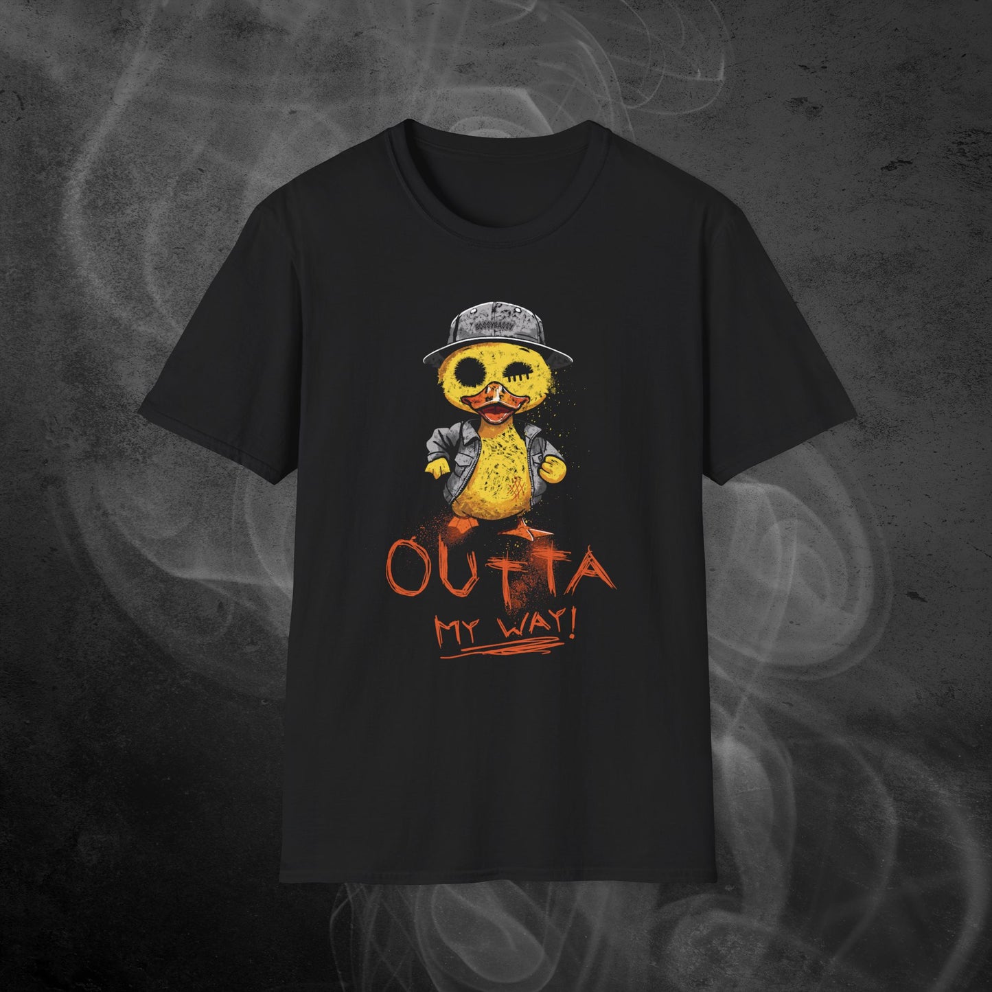 Black t-shirt features a hand drawn illustration of a rude duck with the phrase outta my way