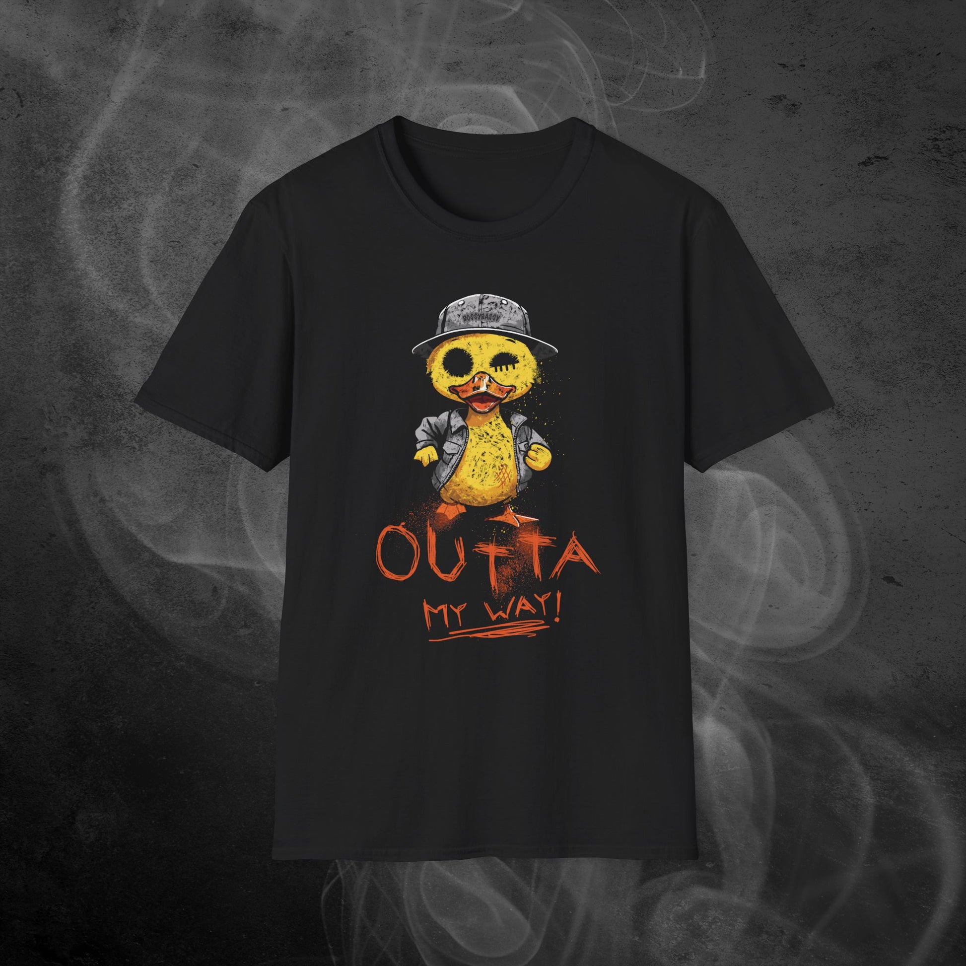 Black t-shirt features a hand drawn illustration of a rude duck with the phrase outta my way