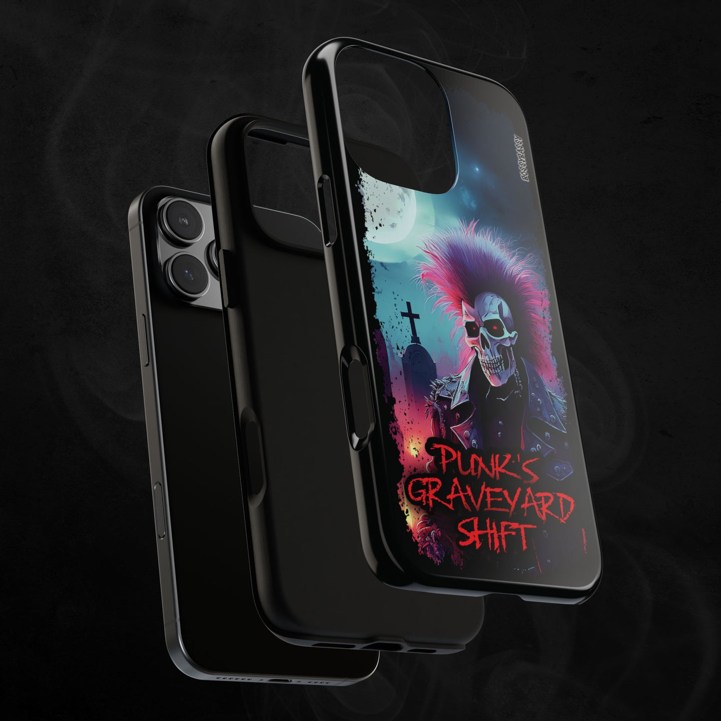 Glossy-Phone-Case-Layer-With-an-Illustration-Of-A-Skeleton-Punker-With-Text-Punks-Graveyard-Shift