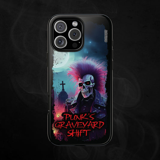 Glossy-Phone-Case-With-an-Illustration-Of-A-Skeleton-Punker-With-Text-Punks-Graveyard-Shift