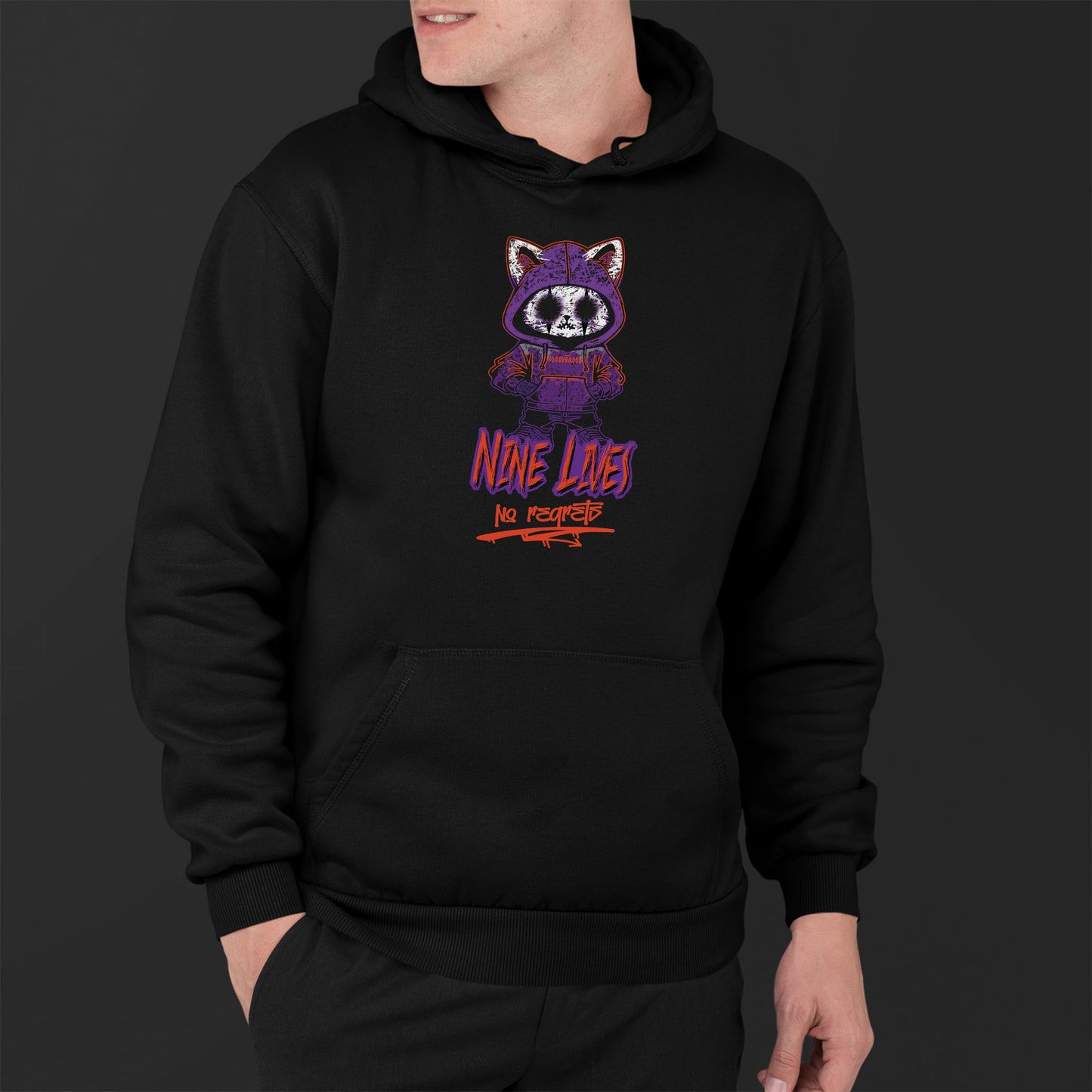 Man Wearing A Black Hoodie With A Gothic Emo Cat Design And Text  Nine Lives No Regrets
