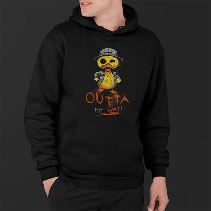 Man Wearing A Black Hoodie With  A Hand-Drawn Illustration of A Rude Duck With The Phrase Outta My Way
