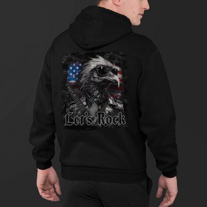 Man Wearing A Black Hoodie With A Rocker Eagle With USA Flag Design And The Text Let's Rock