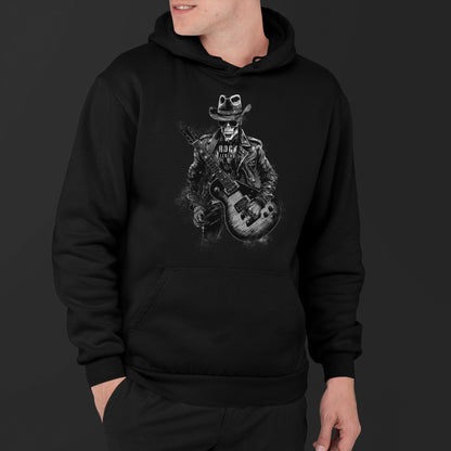 Man Wearing A Black Hoodie With A Rockstar Skeleton Print And Text Rock Leyend
