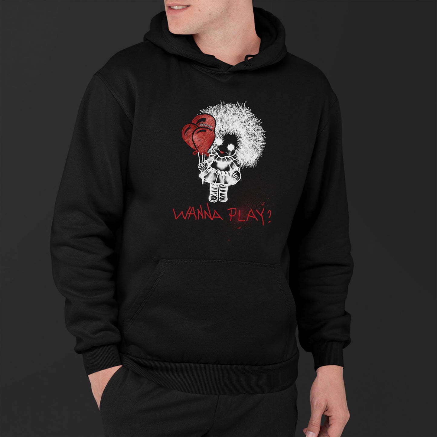 Man Wearing A Black Hoodie With Spooky Girl Horror Design And Text Wanna Play