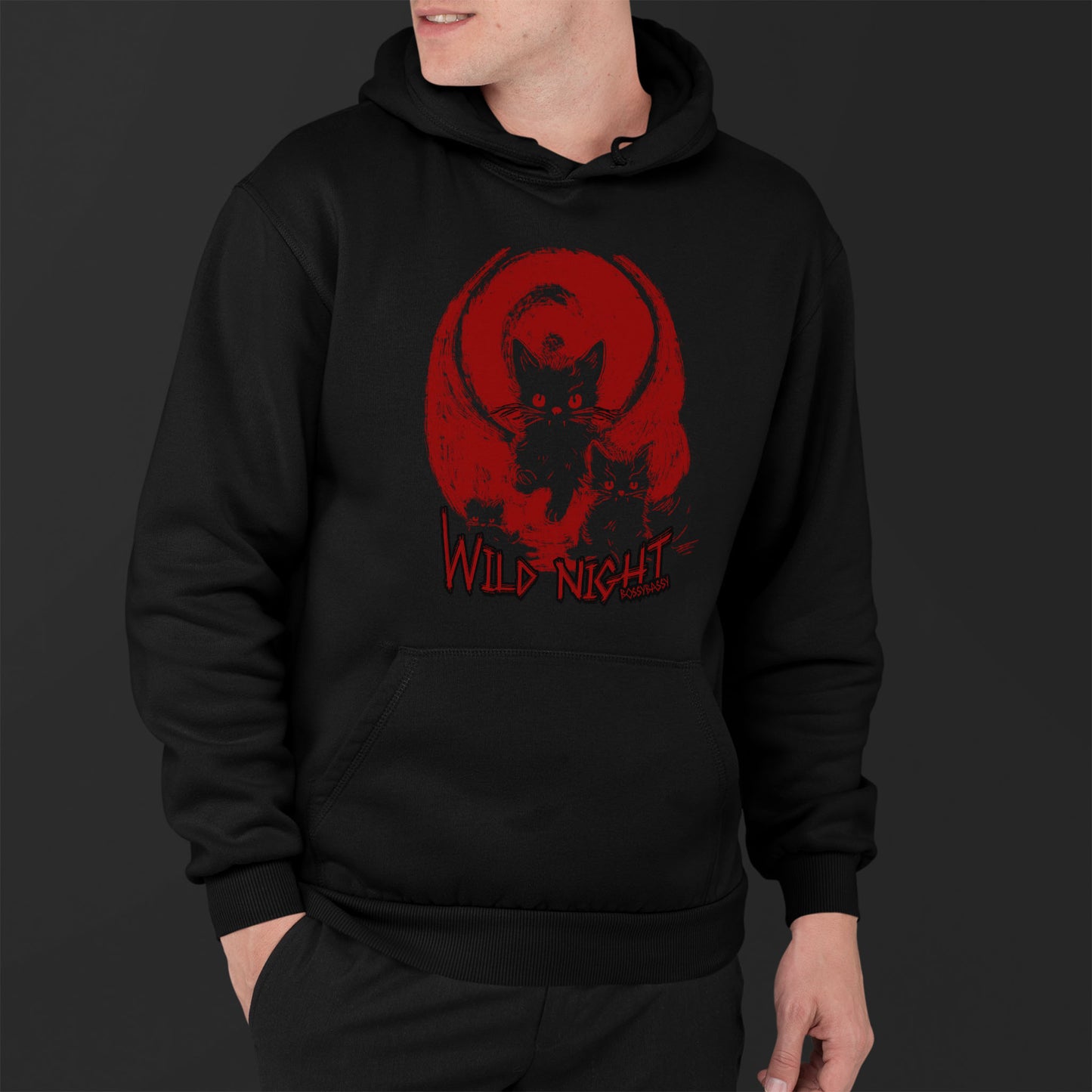 Man Wearing A black unisex hoodie features an illustration of black cats with a red background and the text wild nights