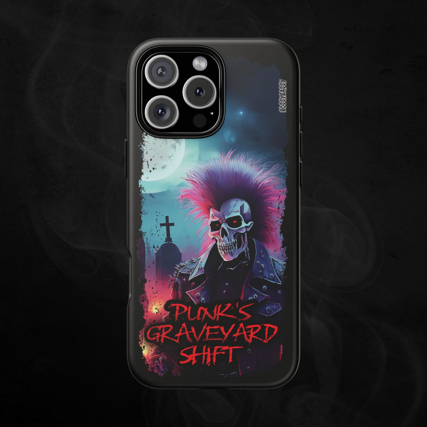 Matte-Phone-Case-With-an-Illustration-Of-A-Skeleton-Punker-With-Text-Punks-Graveyard-Shift