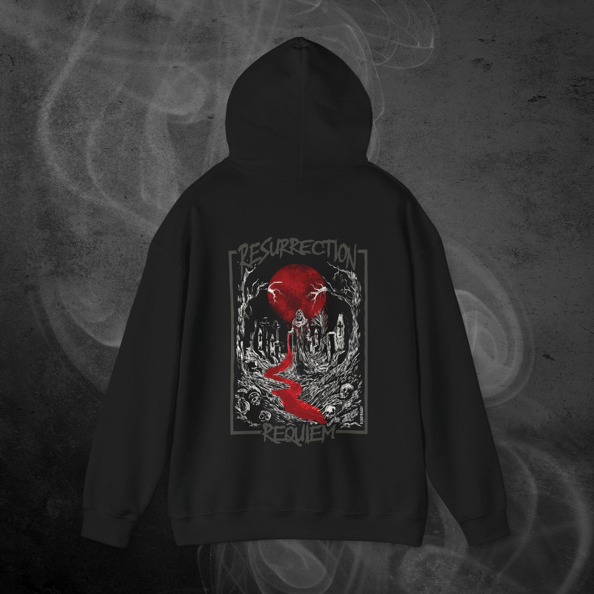 Unisex Black Hoodie With White Graveyard And Red Moon Illustration  Design With Text Resurrection Requiem