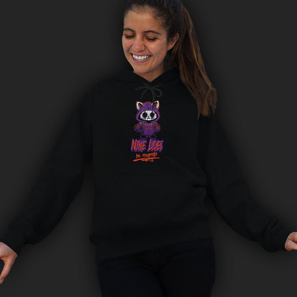 Woman Wearing A Black Hoodie With A Gothic Emo Cat Design And Text  Nine Lives No Regrets