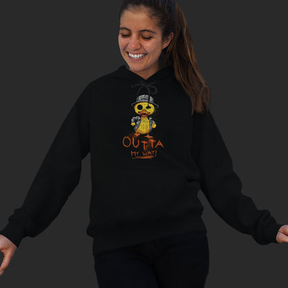 Woman Wearing A Black Hoodie With  A Hand-Drawn Illustration of A Rude Duck With The Phrase Outta My Way