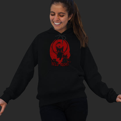 Woman Wearing A black unisex hoodie features an illustration of black cats with a red background and the text wild nights