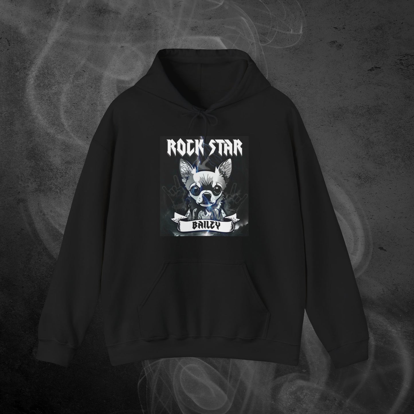 black-hoodie-with-illustration-of-a-chihuahua-dog-and-personalized-name-with-text-rock-star