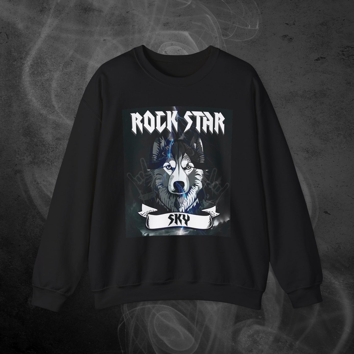 black-sweatshirt-with-illustration-of-a-huskie-dog-and-personalized-name-with-text-rock-star