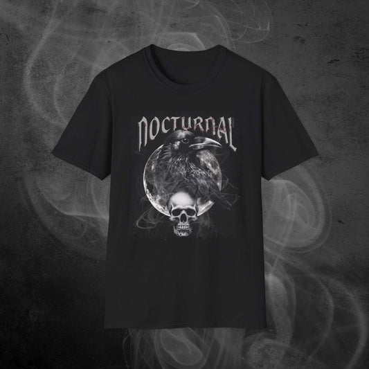 black-unisex-tshirt-with-raven-moon-and-skull-surrounded-by-smoke-with-text-nocturnal