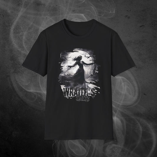 black-unisex-t-shirt-with-gothic-dancing-skeleton-design-and-text-wraiths-waltz