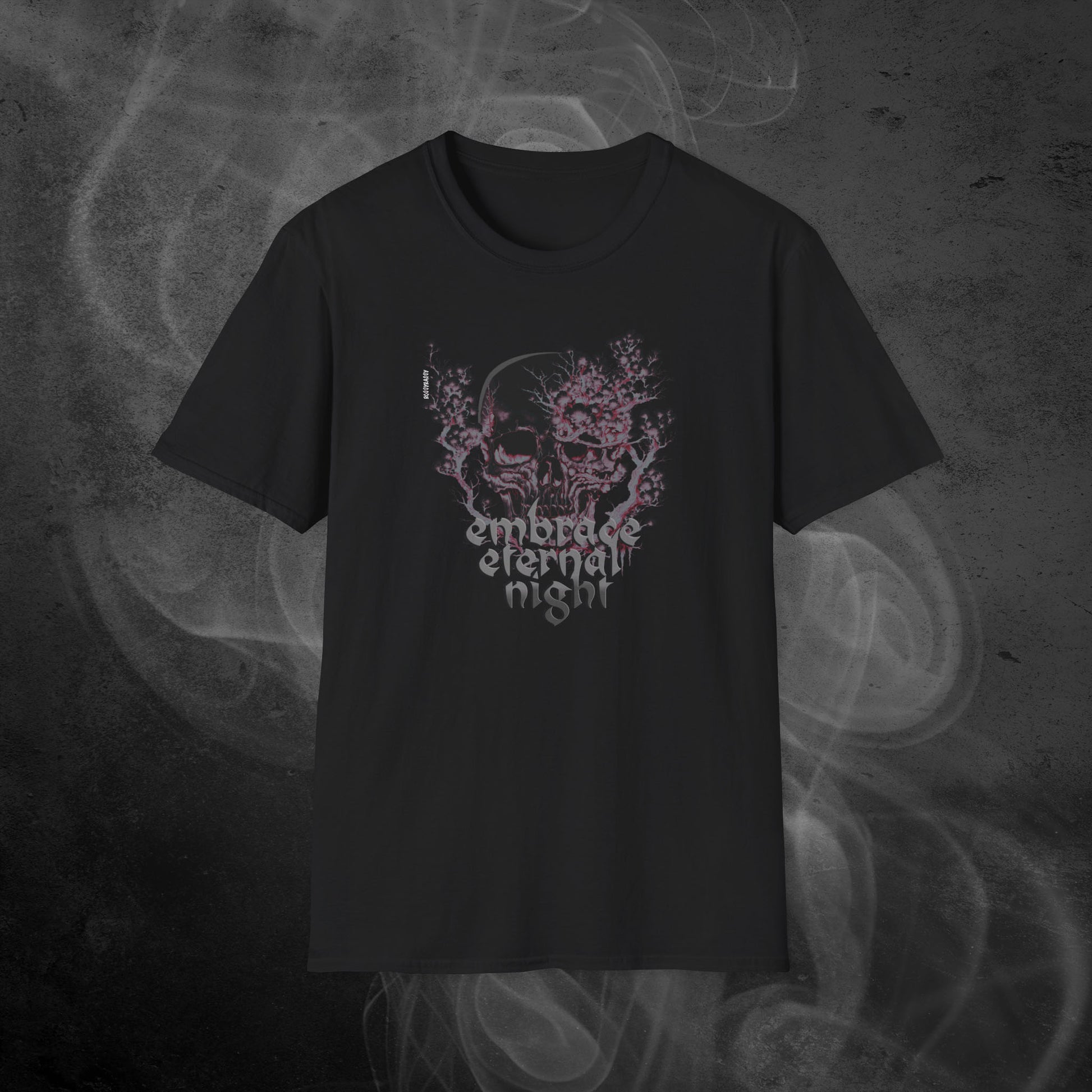 black-unisex-tshirt-with-gothic-pink-and-black-skull-print-and-text-embrace-eternal-night