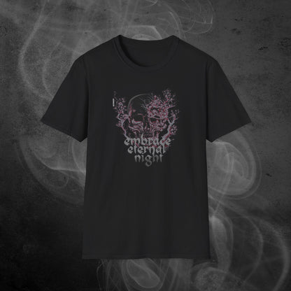 black-unisex-tshirt-with-gothic-pink-and-black-skull-print-and-text-embrace-eternal-night