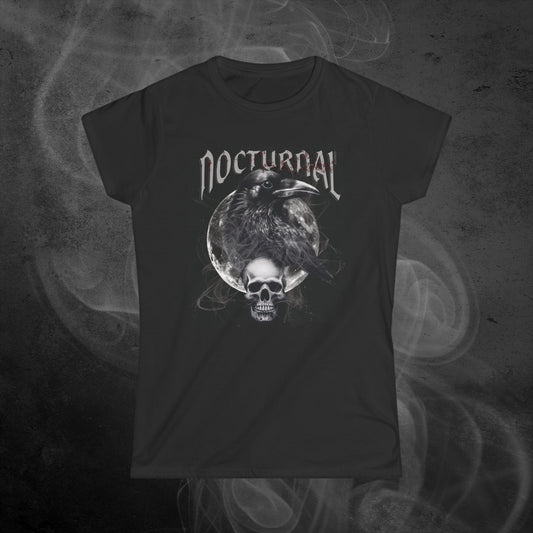 black-women-fit-tshirt-with-raven-moon-and-skull-surrounded-by-smoke-with-text-nocturnal