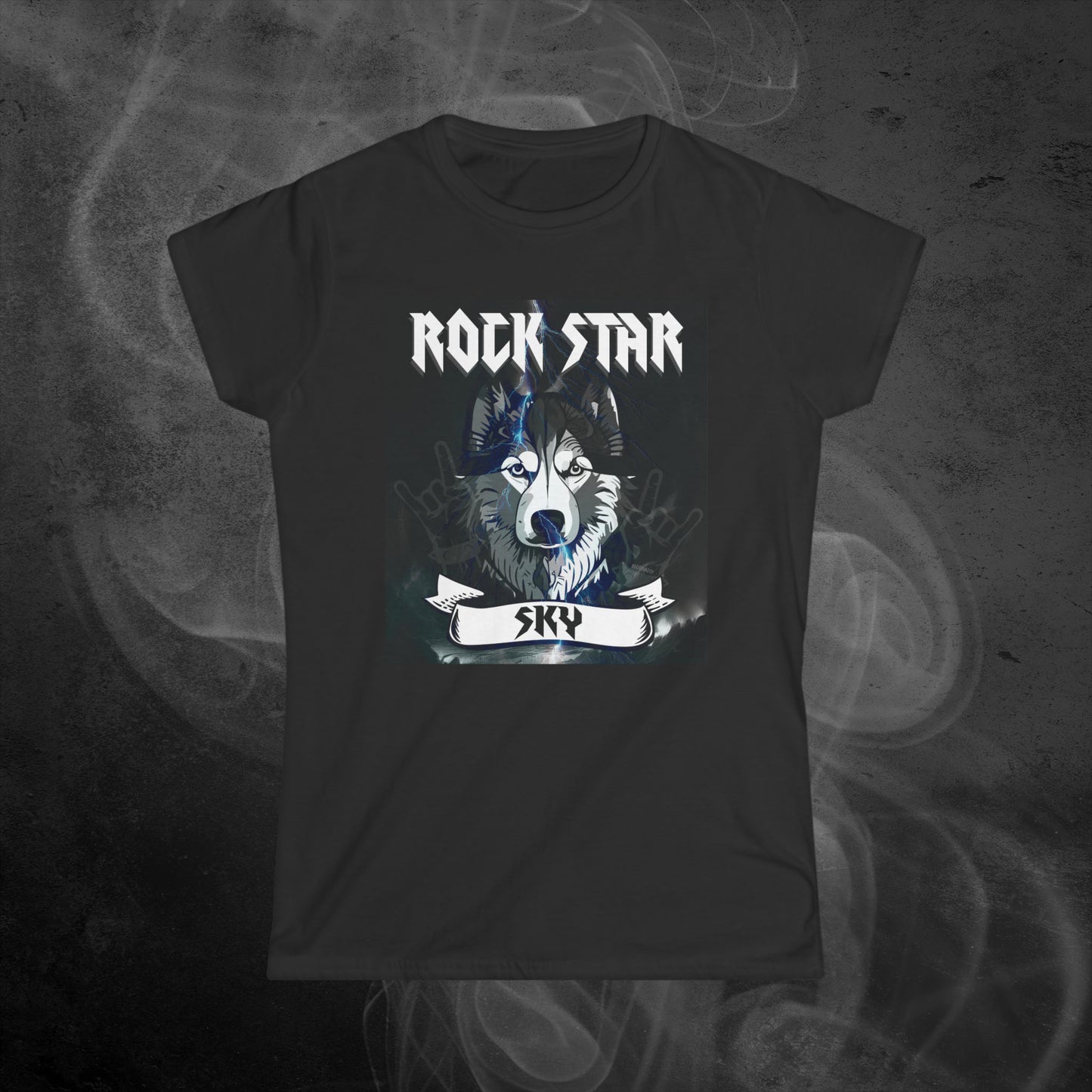 Dog Rock Star Design with Personalized Name Women's Fit Black T-shirt