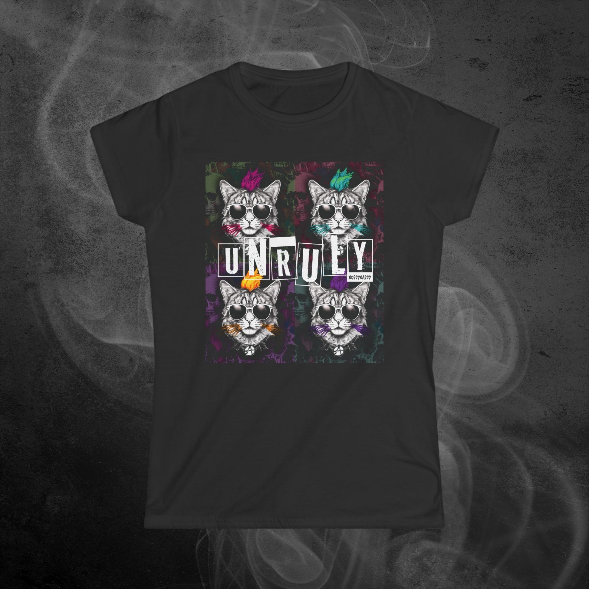 black-womens-fit-t-shirt-with-punk-cat-on-different-color-of-hair-design-and-text-unruly