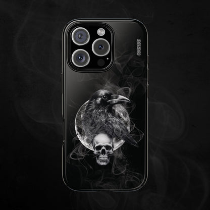 black glossy phone case features an illustration of a raven and skeleton at night time with a full moon
