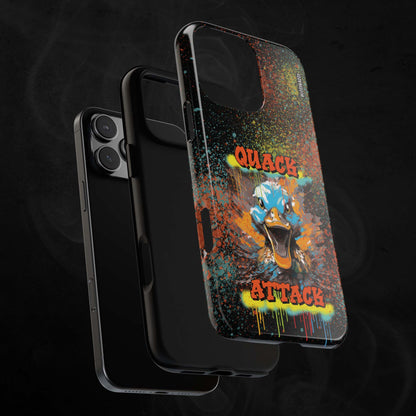 black glossy phone case layer with a crazy duck and text quack attack with graffiti design