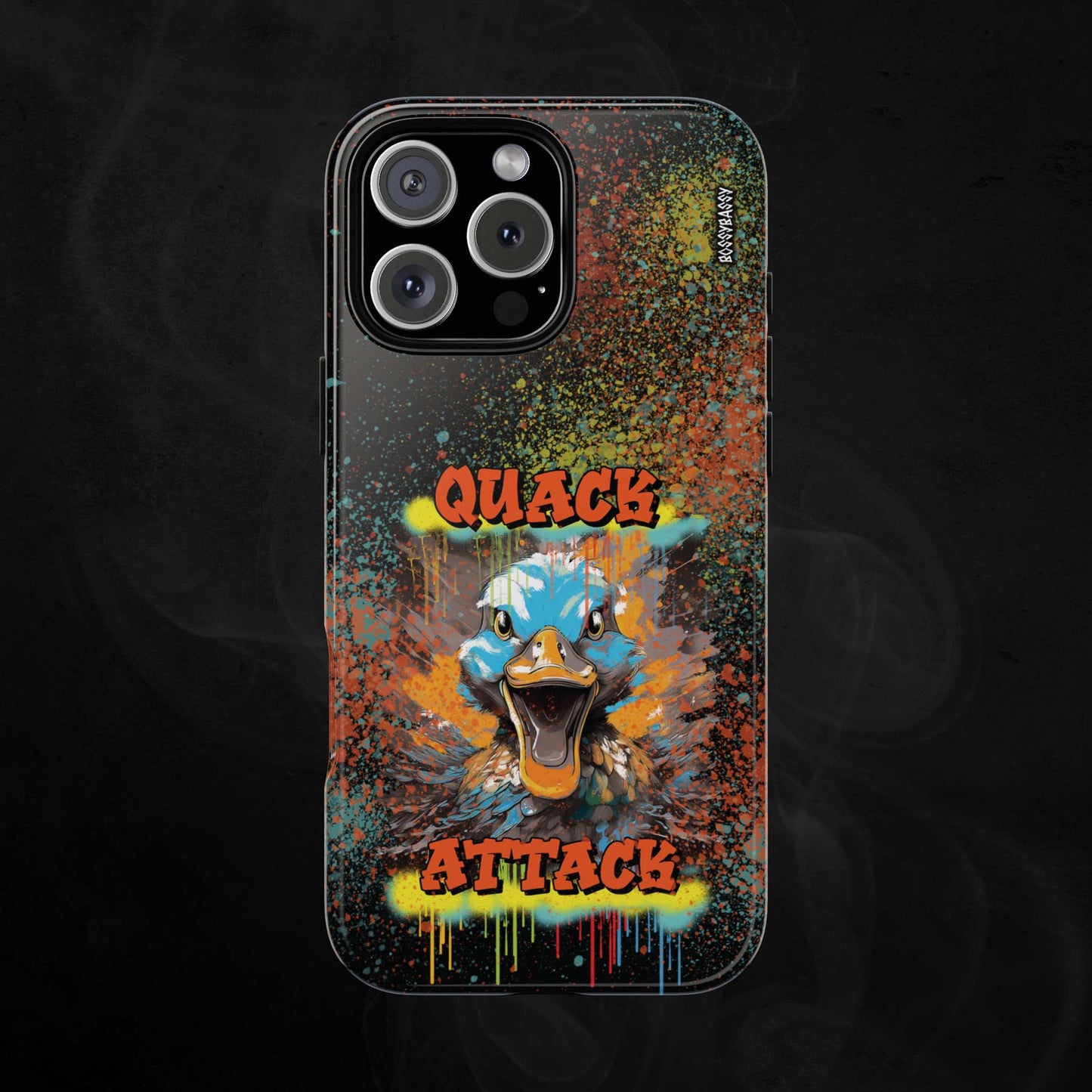 black glossy phone case with a crazy duck and text quack attack with graffiti design
