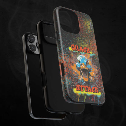 black matte phone case layer with a crazy duck and text quack attack with graffiti design
