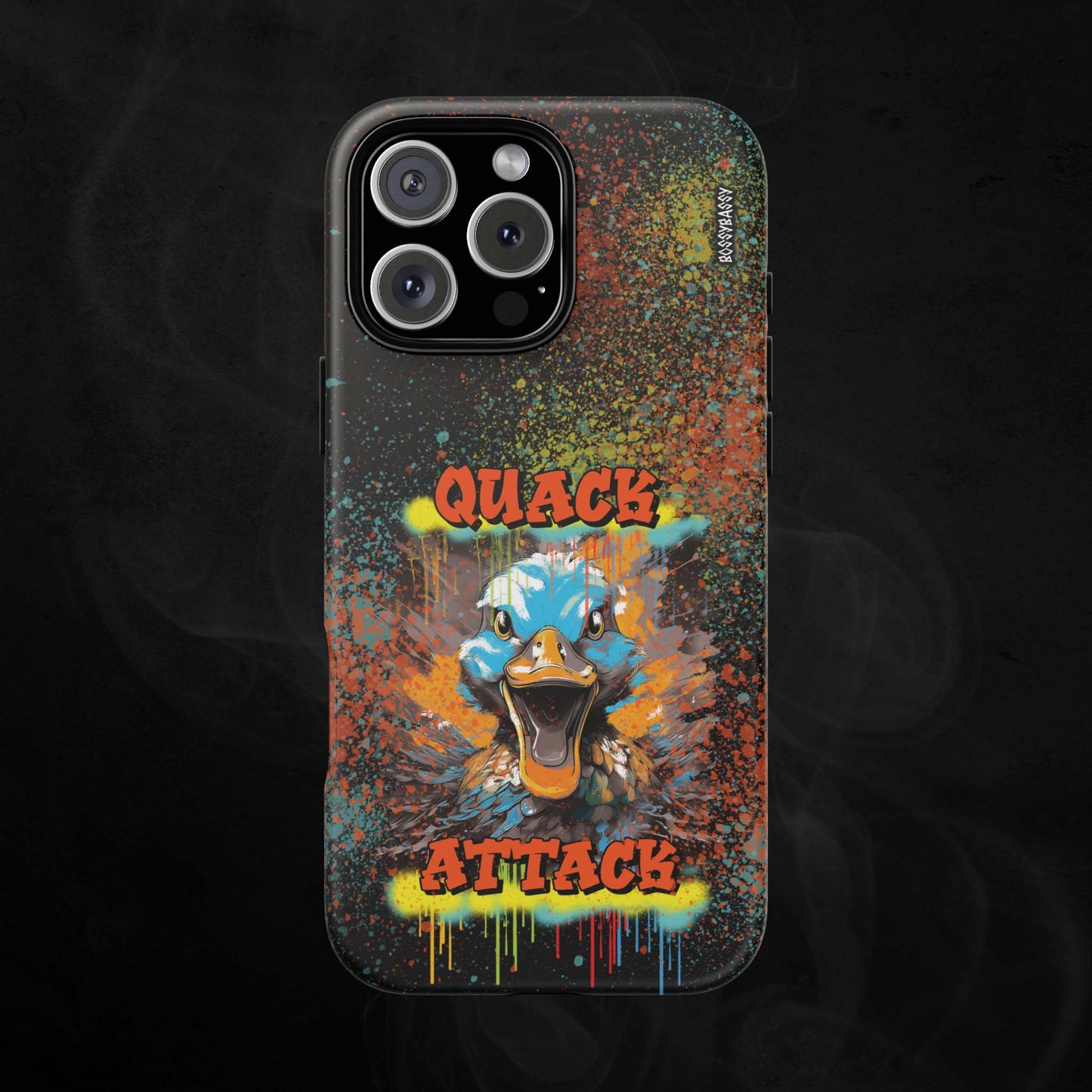 black matte phone case with a crazy duck and text quack attack with graffiti design