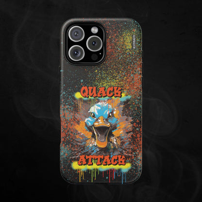 black matte phone case with a crazy duck and text quack attack with graffiti design