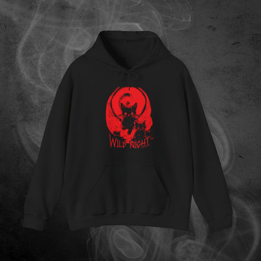 black unisex hoodie features an illustration of black cats with a red background and the text wild nights