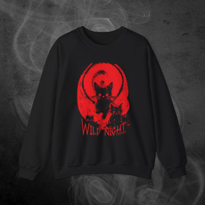 black unisex sweatshirt features an illustration of black cats with a red background and the text wild night