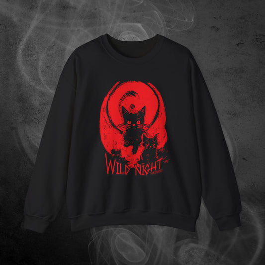 black unisex sweatshirt features an illustration of black cats with a red background and the text wild night