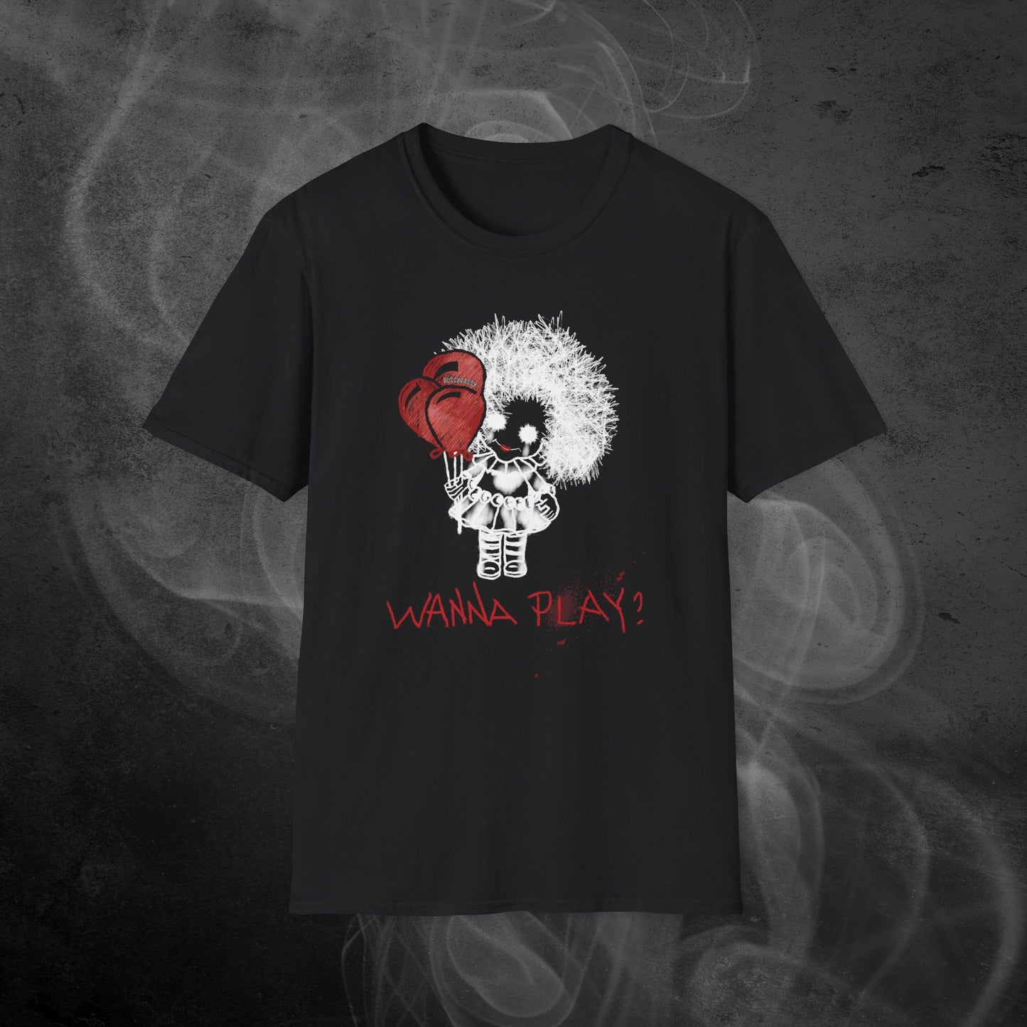 black unisex tshirt features a hand-drawn illustration of a spooky girl with red balloons and the phrase wanna play