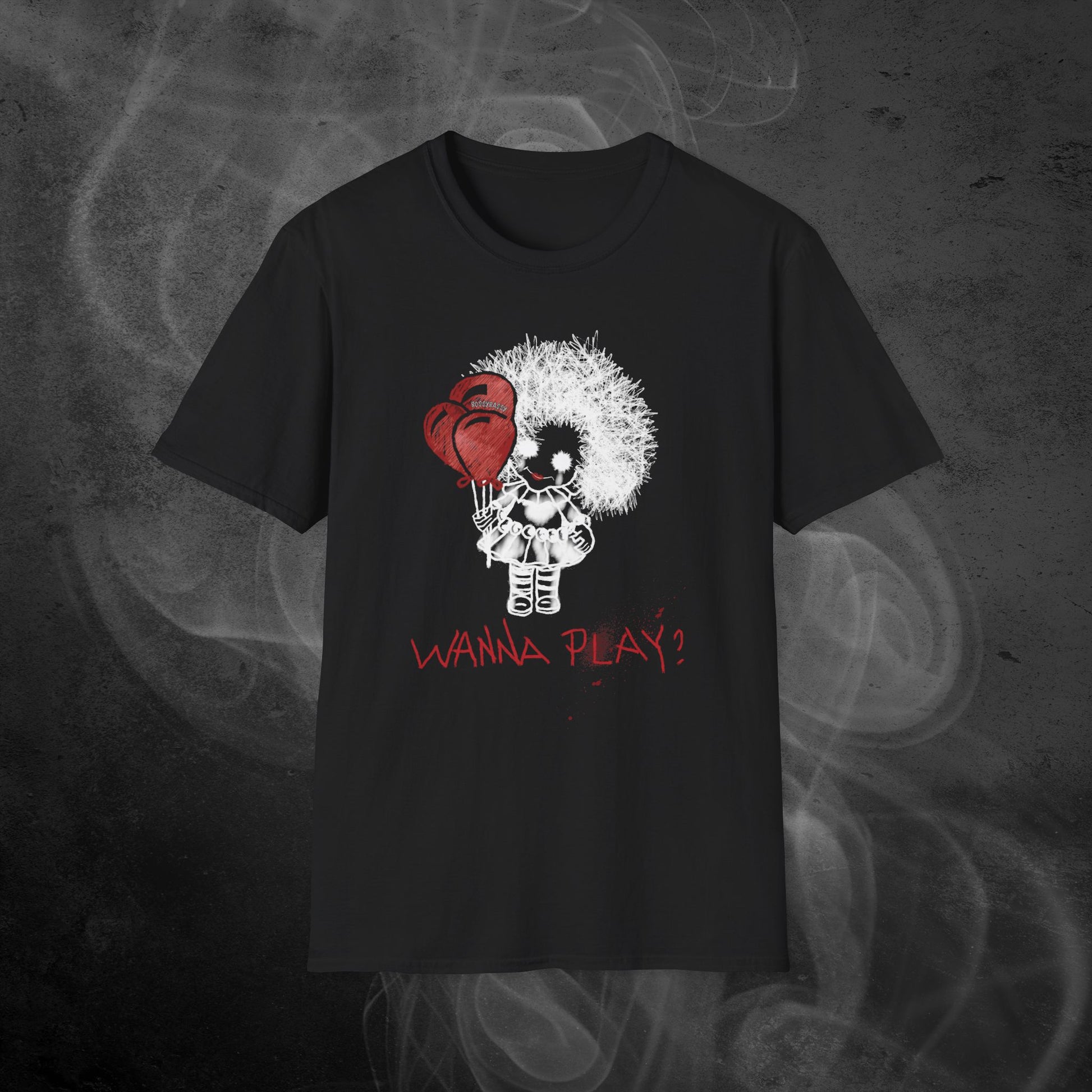 black unisex tshirt features a hand-drawn illustration of a spooky girl with red balloons and the phrase wanna play