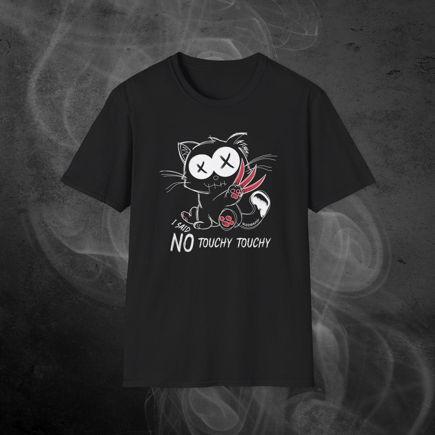 black unisex tshirt features an illustration of an angry emo cat with the phrase I said no touchy touchy