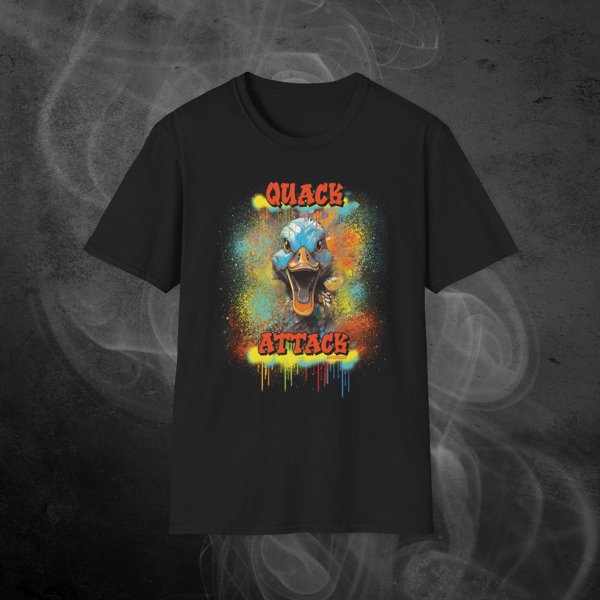 black unisex tshirt with a crazy duck and text quack attack with graffiti design