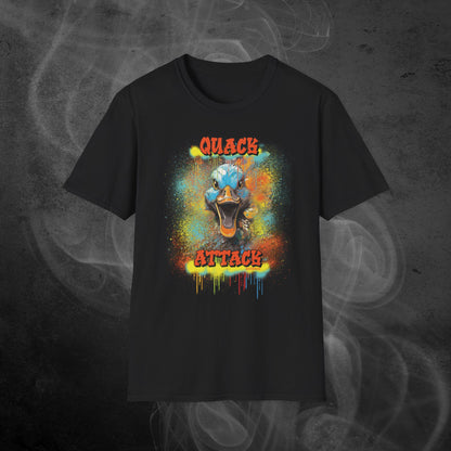 black unisex tshirt with a crazy duck and text quack attack with graffiti design