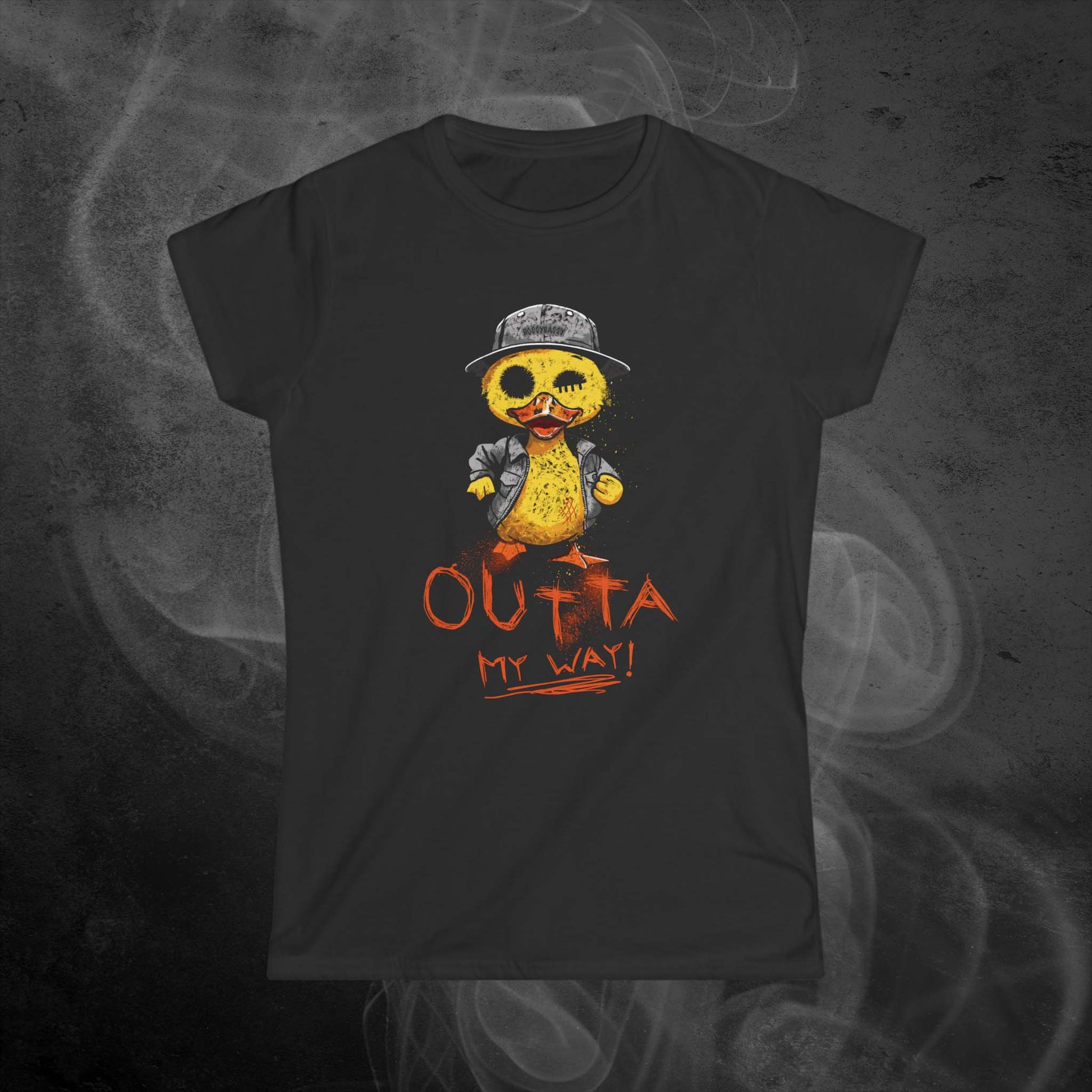 black womens fit t-shirt features a hand drawn illustration of a rude duck with the phrase outta my way