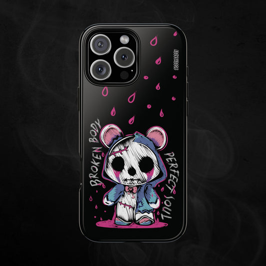 black glossy phone case features a handrawn illustration of an emo-horror-bear with pink blood dropping design and text broken body perfect soul