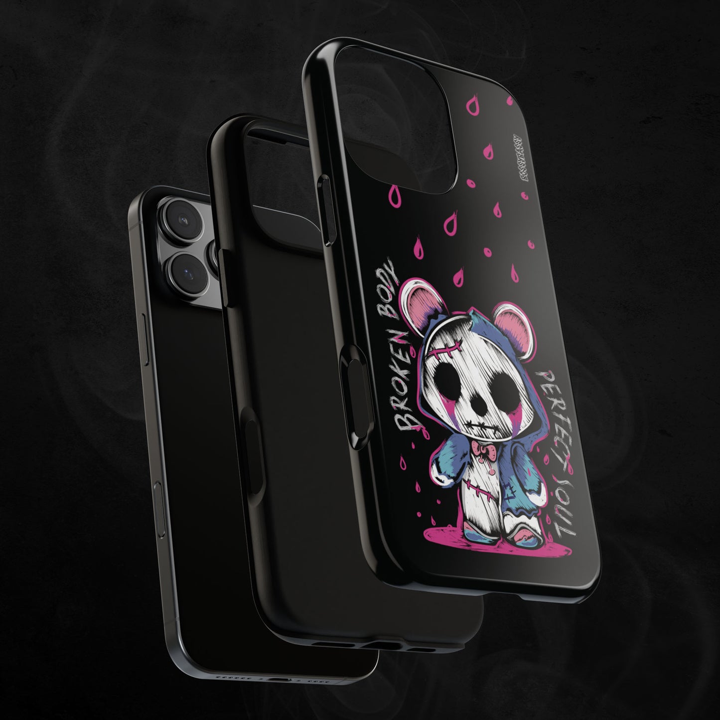 black glossy phone case layer features a handrawn illustration of an emo-horror-bear with pink blood dropping design and text broken body perfect soul