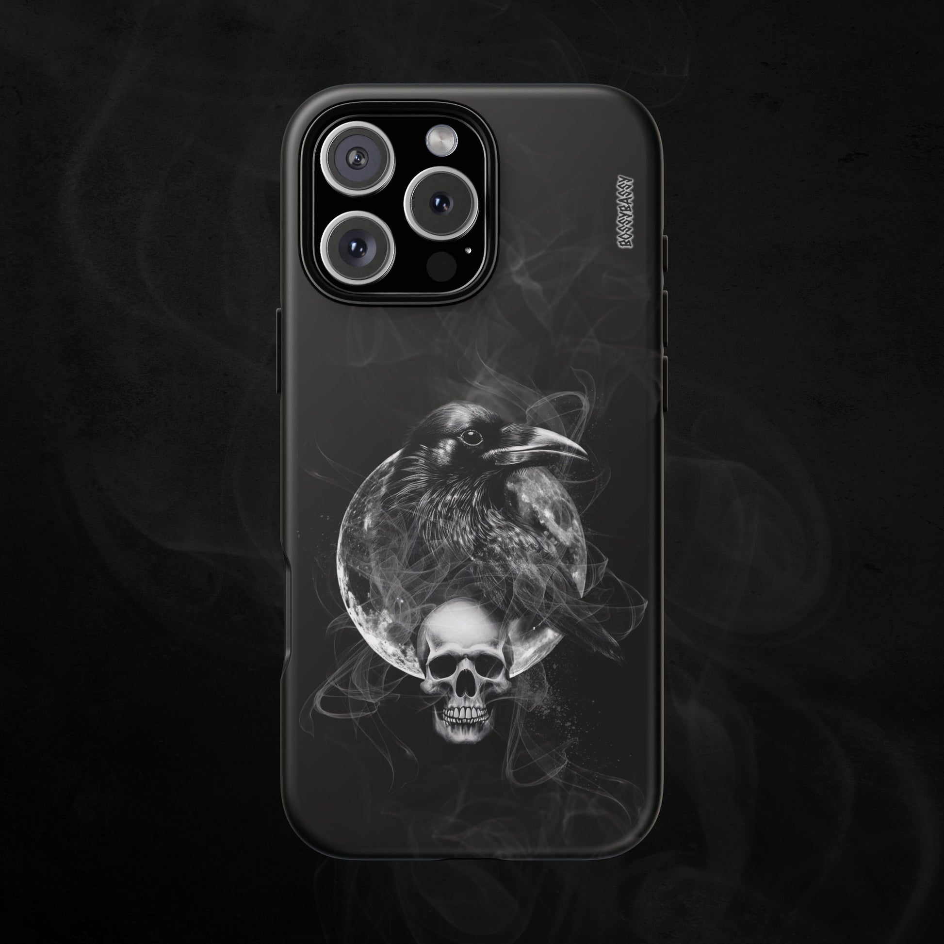 black matte phone case features an illustration of a raven and skeleton at night time with a full moon