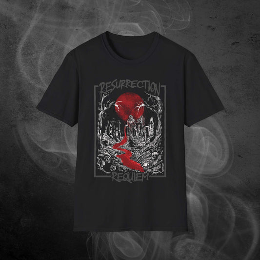 black unisex t-shirt features an illustration in a graveyard at nightime with a full moon and the text resurrection requiem