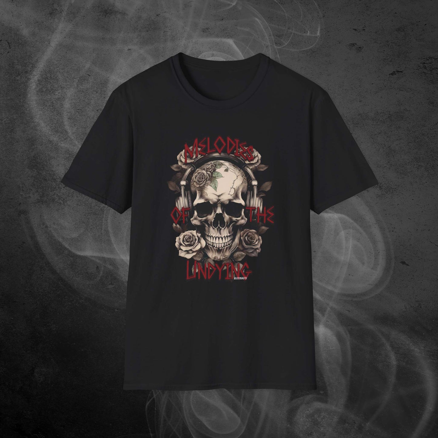 black unisex tshirt features an illustration of a vintage skull skeleton with roses and the text 'Melodies of the Undying