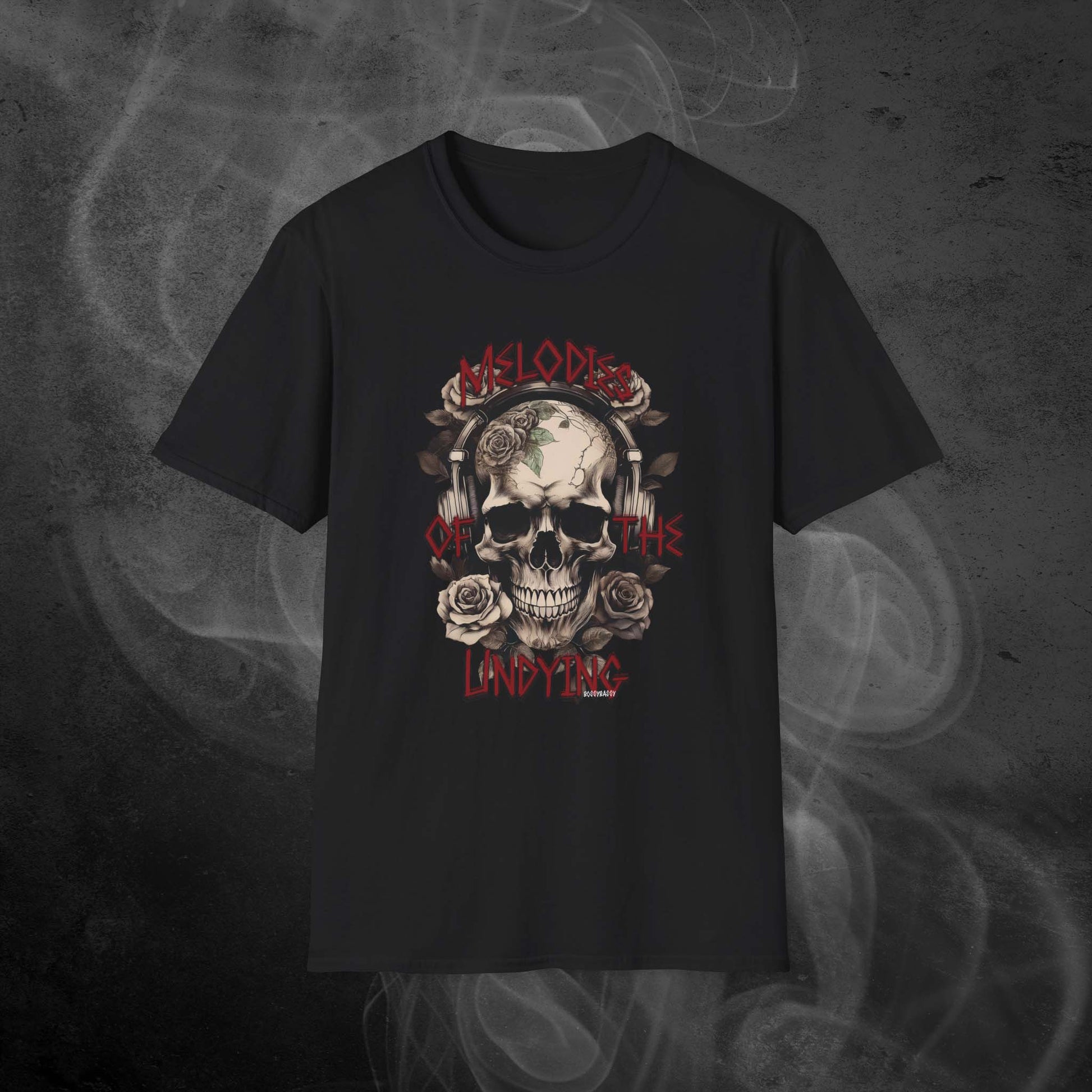 black unisex tshirt features an illustration of a vintage skull skeleton with roses and the text 'Melodies of the Undying