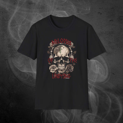 black unisex tshirt features an illustration of a vintage skull skeleton with roses and the text 'Melodies of the Undying