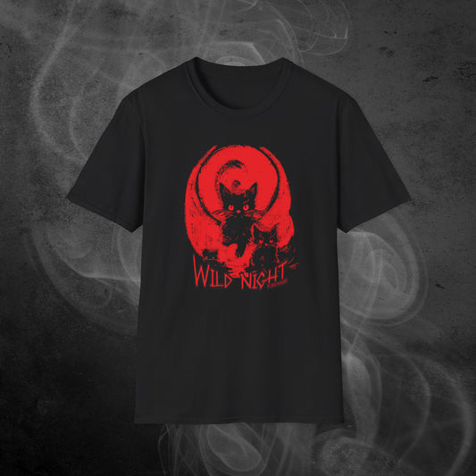 black unisex tshirt features an illustration of black cats with a red background and the text wild night