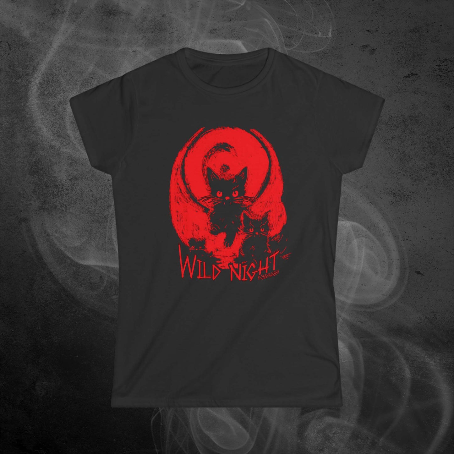 black women fit tshirt features an illustration of black cats with a red background and the text wild night