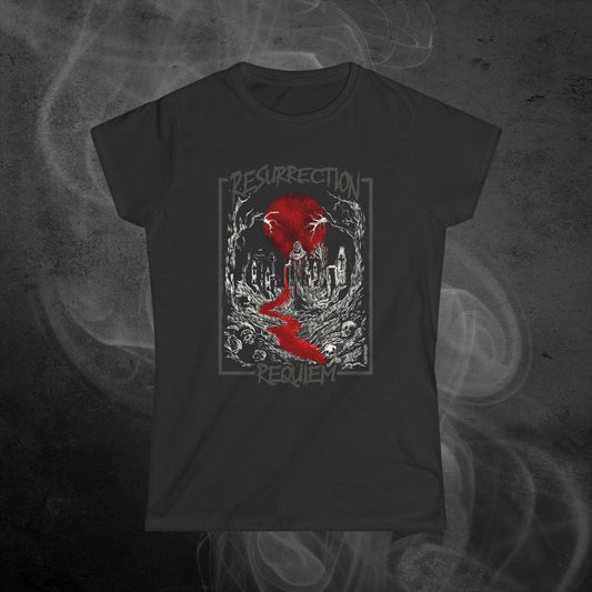 black womens fit t-shirt features an illustration in a graveyard at nightime with a full moon and the text resurrection requiem