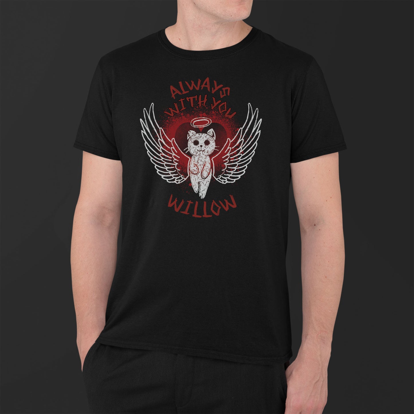 young man wearing a black tshirt with illustration of an angel cat and the text Always With You and custom name